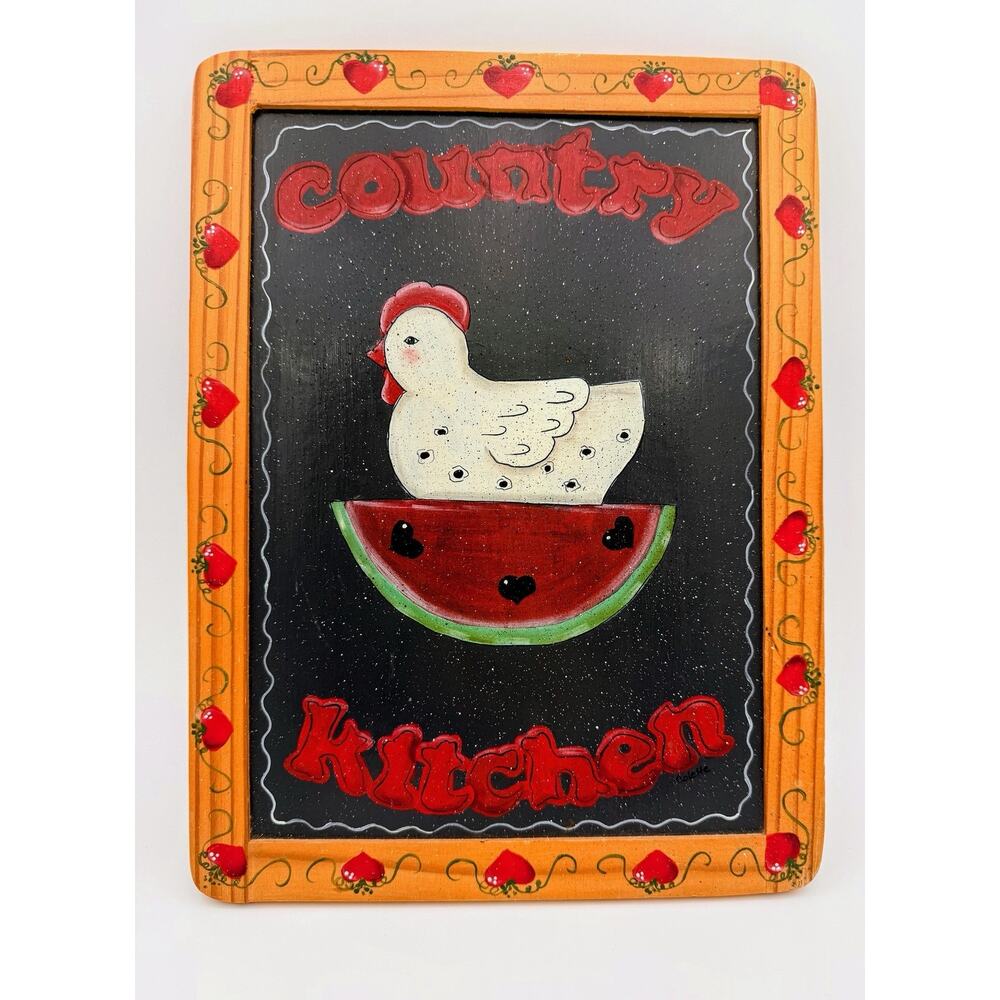 Vintage Country Kitchen Chicken Watermelon Folk Art Wall Sign 11.5”